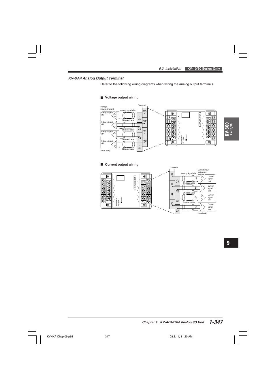 Kv -300, Kv-da4 analog output terminal, Chapter 9 kv-ad4/da4 analog i/o unit | Voltage output wiring, Current output wiring, Kv-10/80 | KEYENCE Visual KV Series User Manual | Page 371 / 444