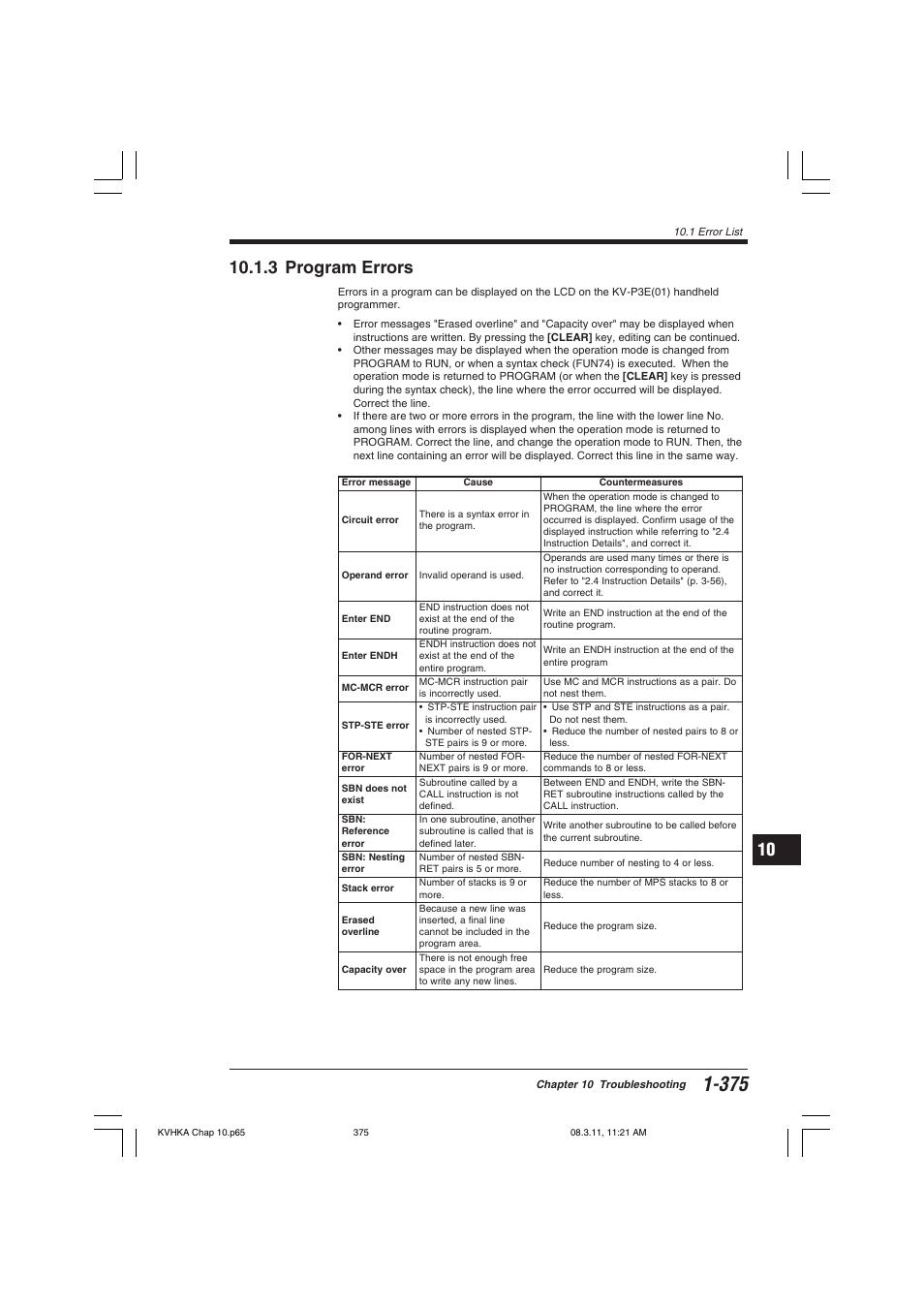 3 program errors | KEYENCE Visual KV Series User Manual | Page 399 / 444
