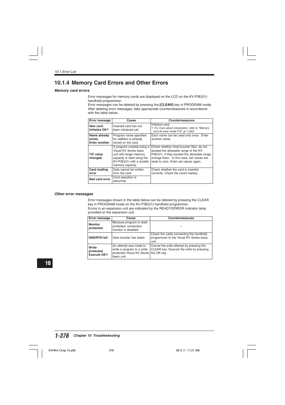 4 memory card errors and other errors | KEYENCE Visual KV Series User Manual | Page 400 / 444