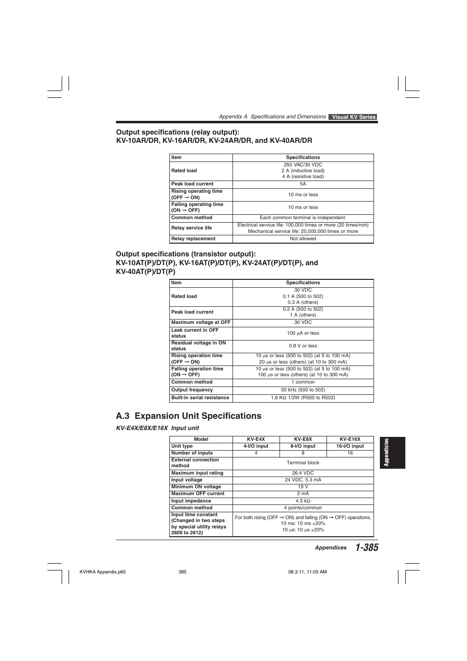 A.3 expansion unit specifications | KEYENCE Visual KV Series User Manual | Page 409 / 444