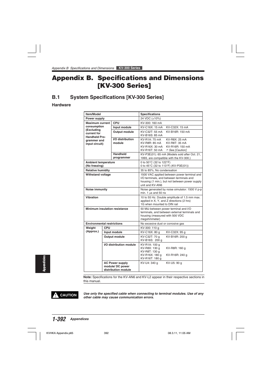 B.1 system specifications [kv-300 series, Hardware | KEYENCE Visual KV Series User Manual | Page 416 / 444