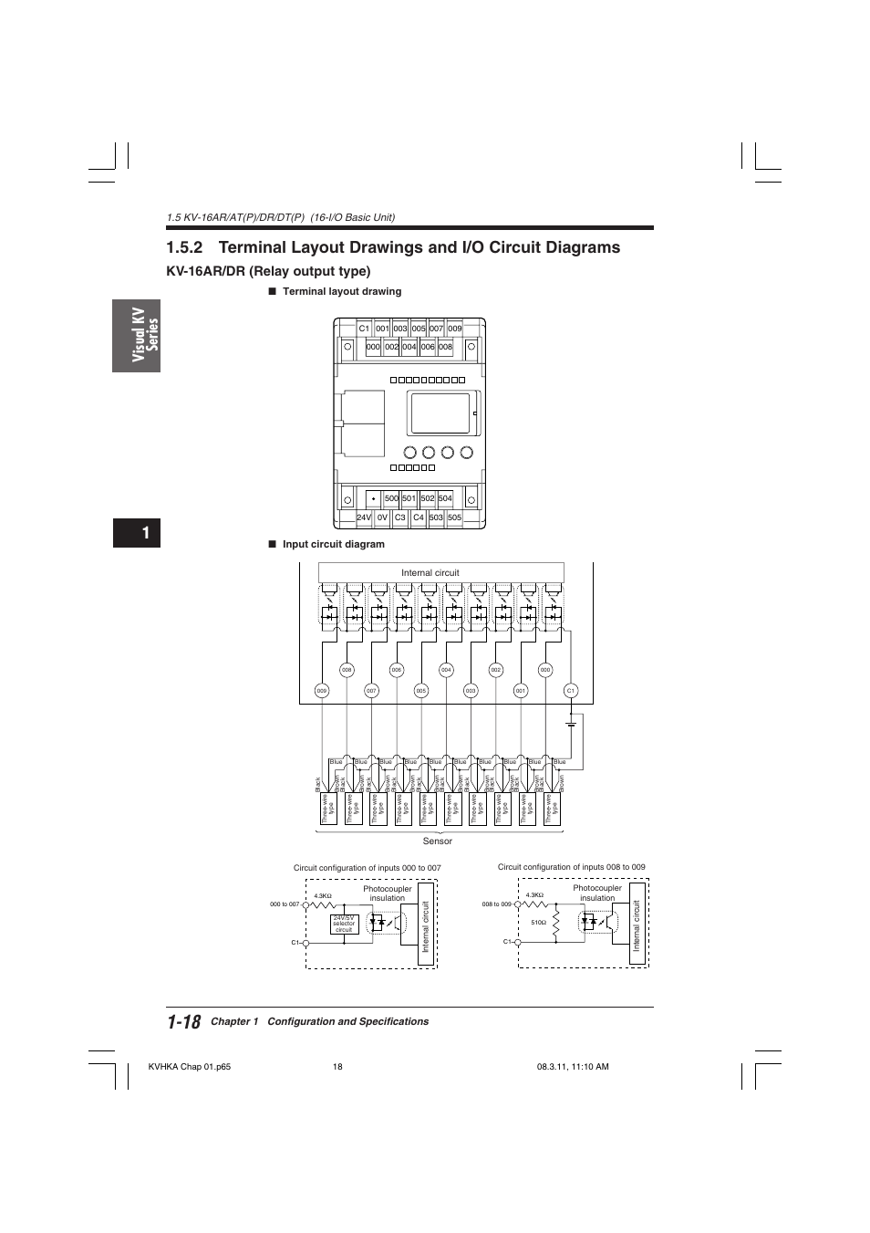 Kv-16ar/dr (relay output type), Visual kv series, Chapter 1 configuration and specifications | Terminal layout drawing ■ input circuit diagram | KEYENCE Visual KV Series User Manual | Page 42 / 444