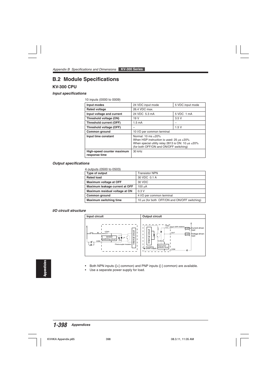 B.2 module specifications, Kv-300 cpu | KEYENCE Visual KV Series User Manual | Page 422 / 444