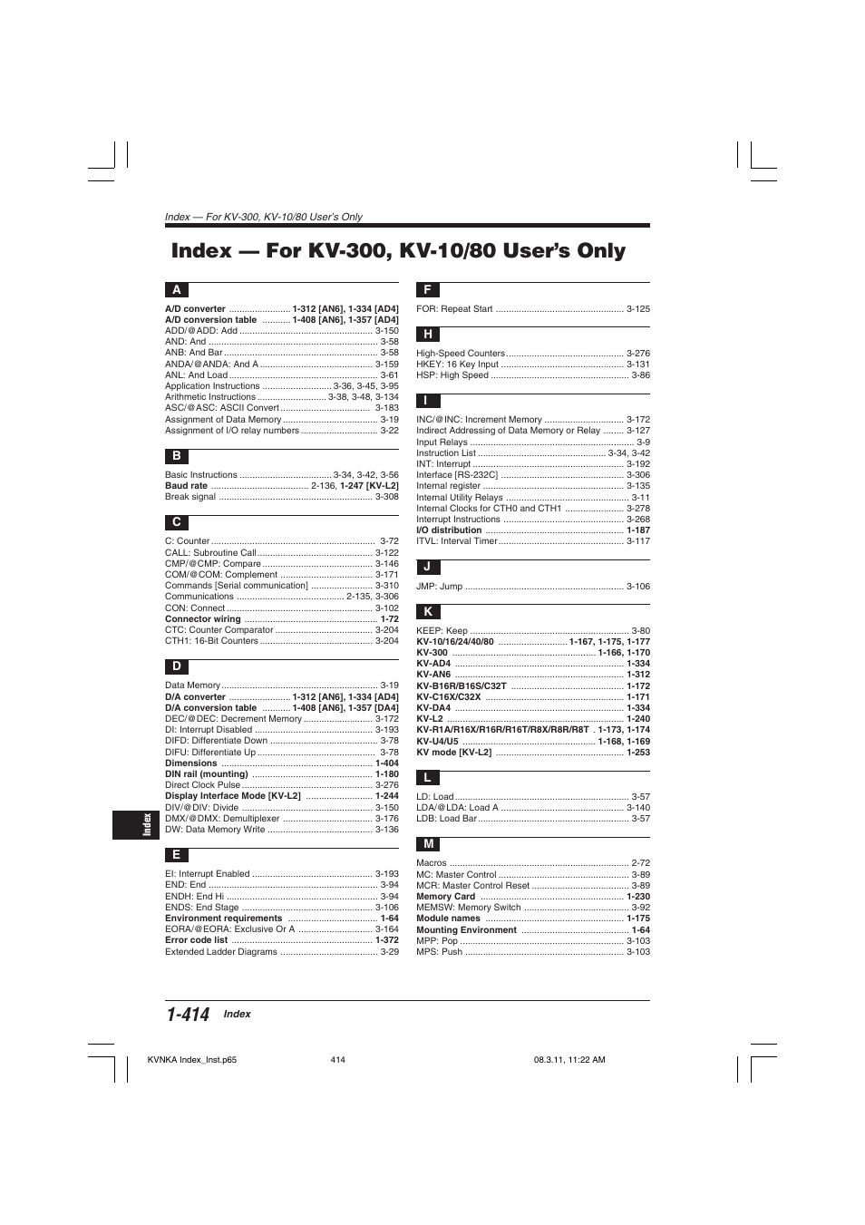 Index — for kv-300, kv-10/80 user’s only | KEYENCE Visual KV Series User Manual | Page 438 / 444