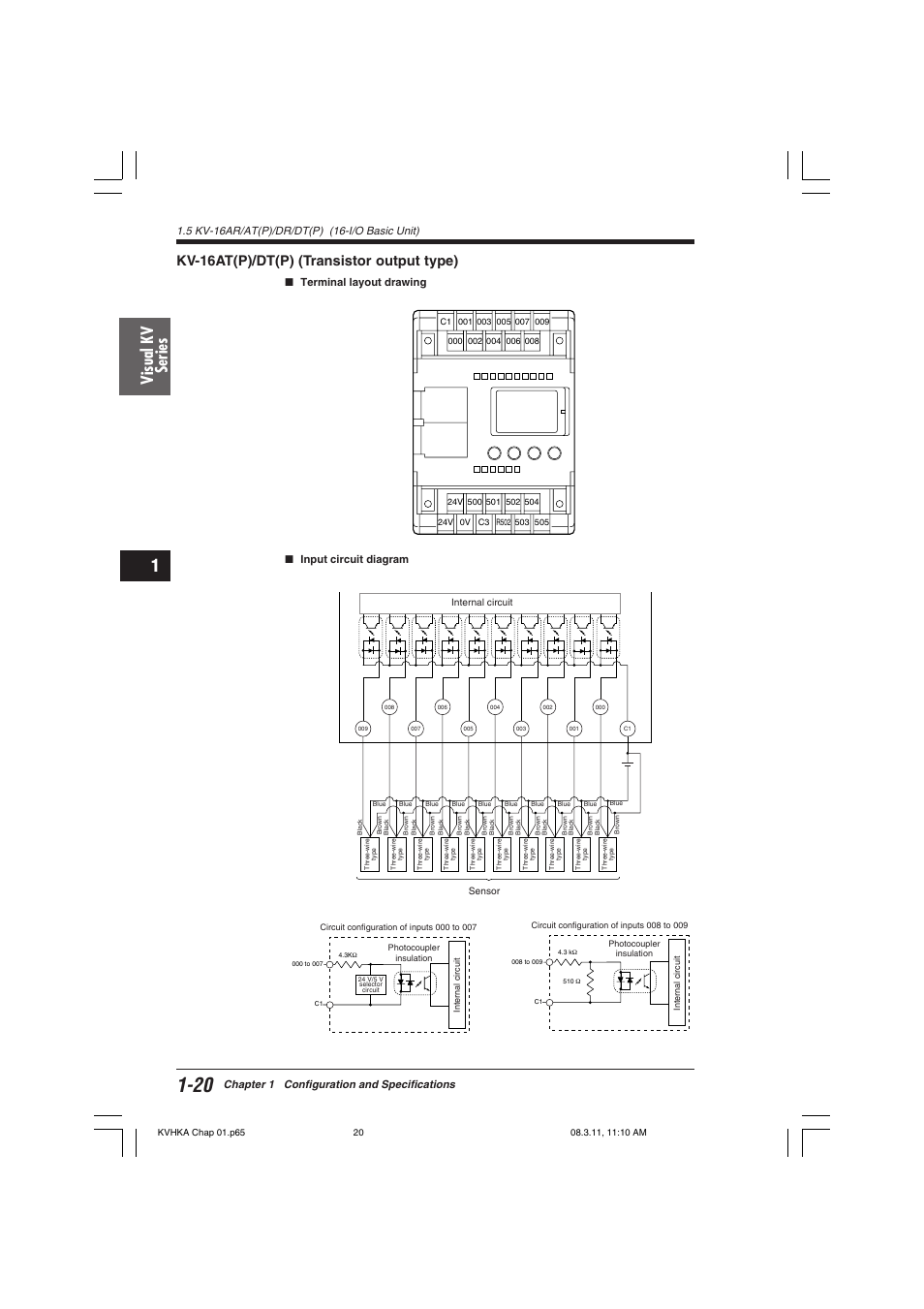 Kv-16at(p)/dt(p) (transistor output type), Visual kv series, Chapter 1 configuration and specifications | Terminal layout drawing ■ input circuit diagram | KEYENCE Visual KV Series User Manual | Page 44 / 444