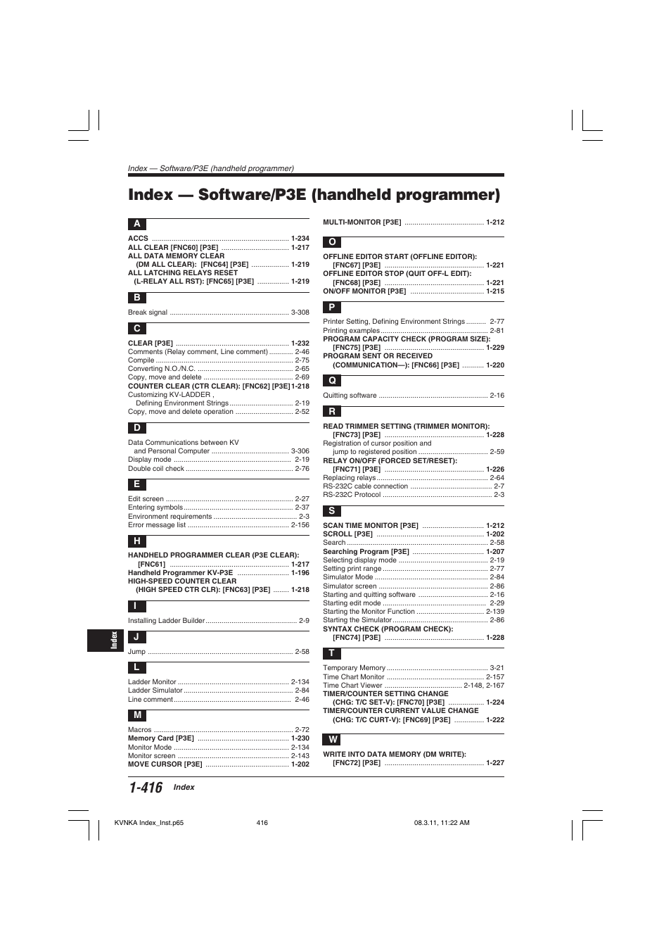 Index — software/p3e (handheld programmer) | KEYENCE Visual KV Series User Manual | Page 440 / 444