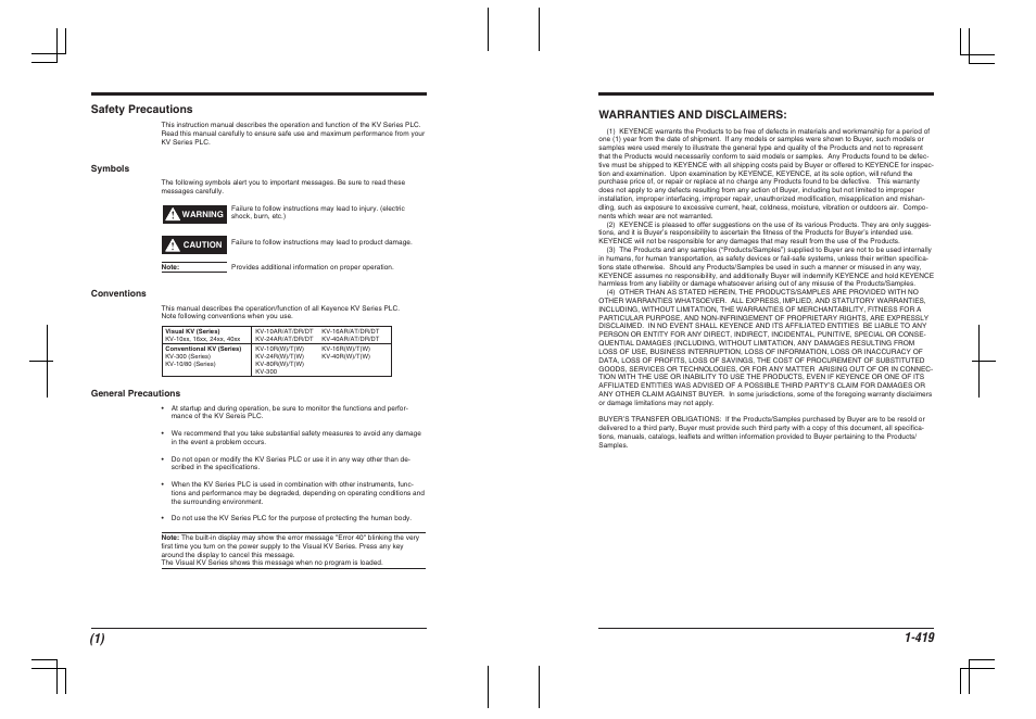 Warranties and disclaimers, Safety precautions | KEYENCE Visual KV Series User Manual | Page 443 / 444