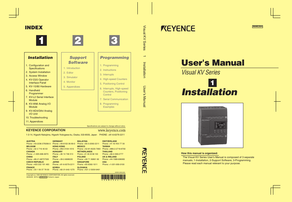 Installation, User's manual, Visual kv series | Index, Support software, Programming | KEYENCE Visual KV Series User Manual | Page 444 / 444