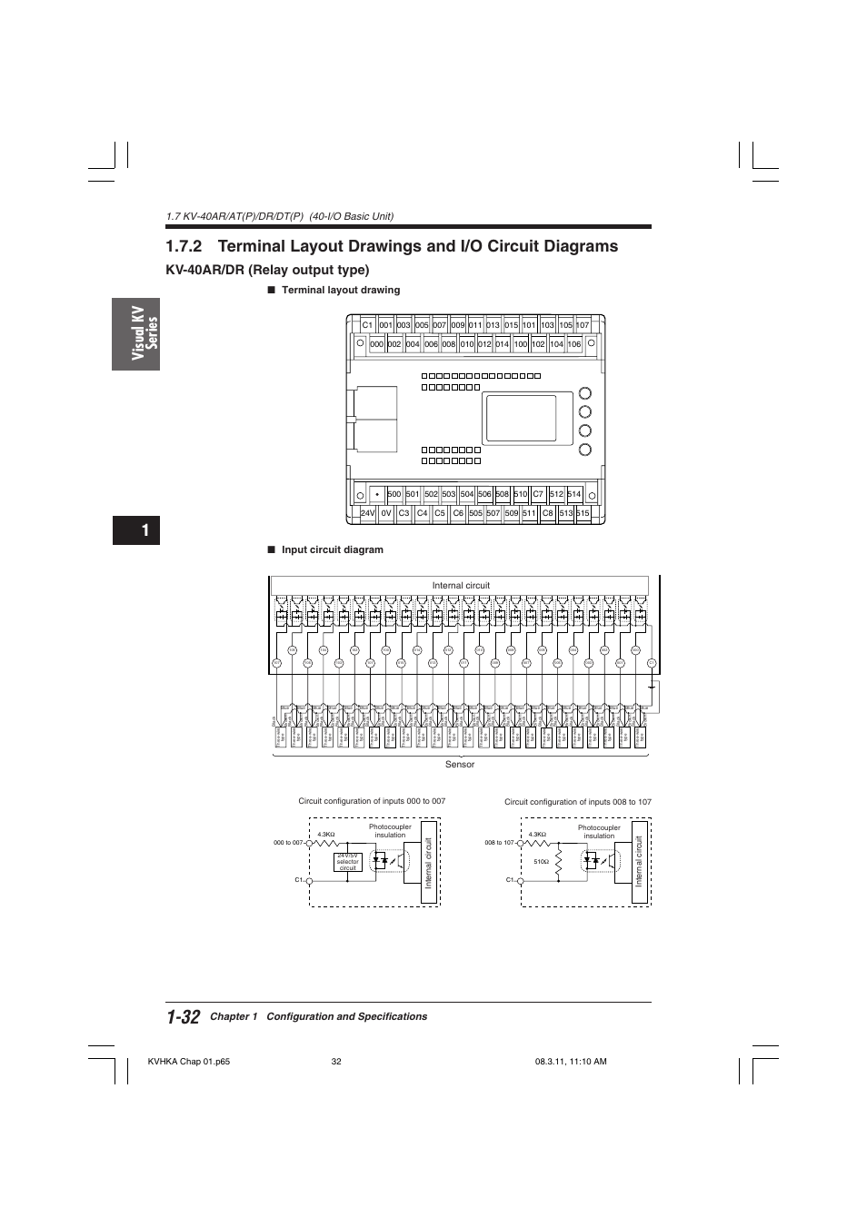 Kv-40ar/dr (relay output type), Visual kv series, Chapter 1 configuration and specifications | Terminal layout drawing ■ input circuit diagram, Internal circuit sensor, Internal circuit | KEYENCE Visual KV Series User Manual | Page 56 / 444