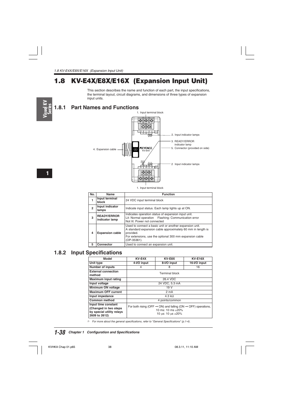 8 kv-e4x/e8x/e16x (expansion input unit), 1 part names and functions, 2 input specifications | Visual kv series | KEYENCE Visual KV Series User Manual | Page 62 / 444