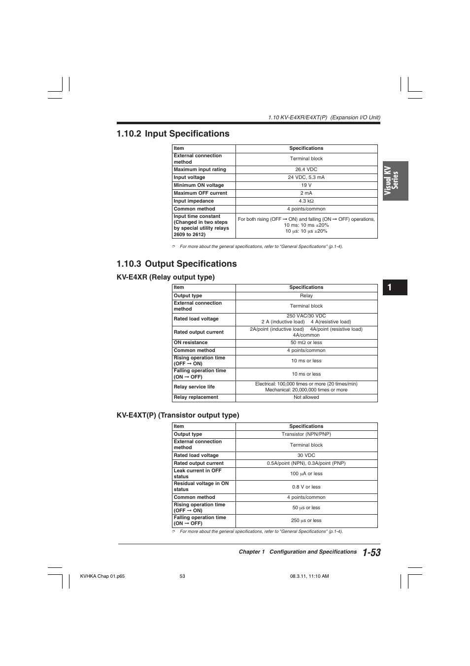 2 input specifications, 3 output specifications, Kv-e4xr (relay output type) | Kv-e4xt(p) (transistor output type), Visual kv series | KEYENCE Visual KV Series User Manual | Page 77 / 444