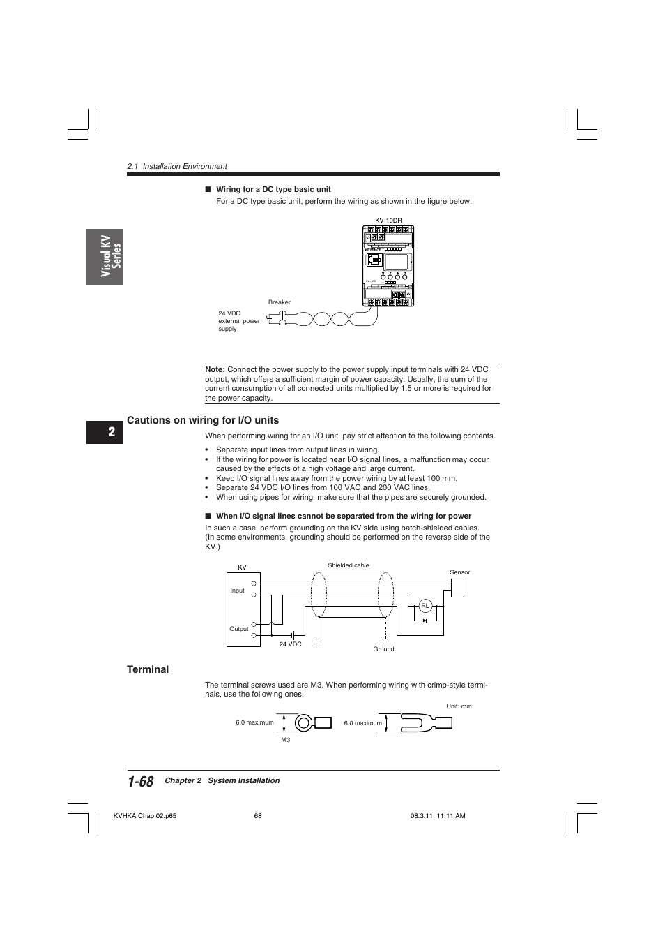 Cautions on wiring for i/o units, Terminal, Visual kv series | Chapter 2 system installation | KEYENCE Visual KV Series User Manual | Page 92 / 444