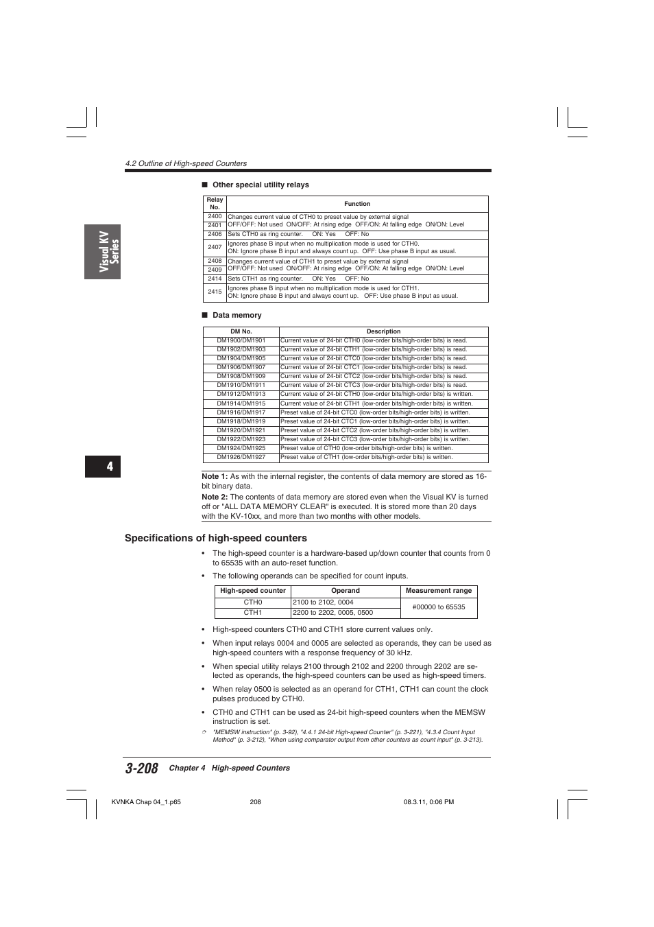 Specifications of high-speed counters, Visual kv series | KEYENCE Visual KV Series User Manual | Page 232 / 392