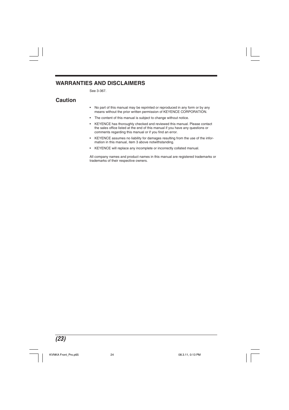 Warranties and disclaimers, Caution | KEYENCE Visual KV Series User Manual | Page 24 / 392