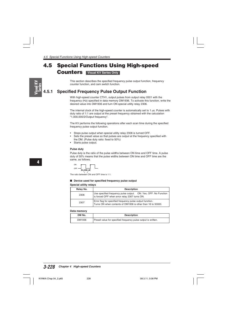 5 special functions using high-speedcounters, 1 specified frequency pulse output function, 5 special functions using high-speed counters | Visual kv series | KEYENCE Visual KV Series User Manual | Page 252 / 392