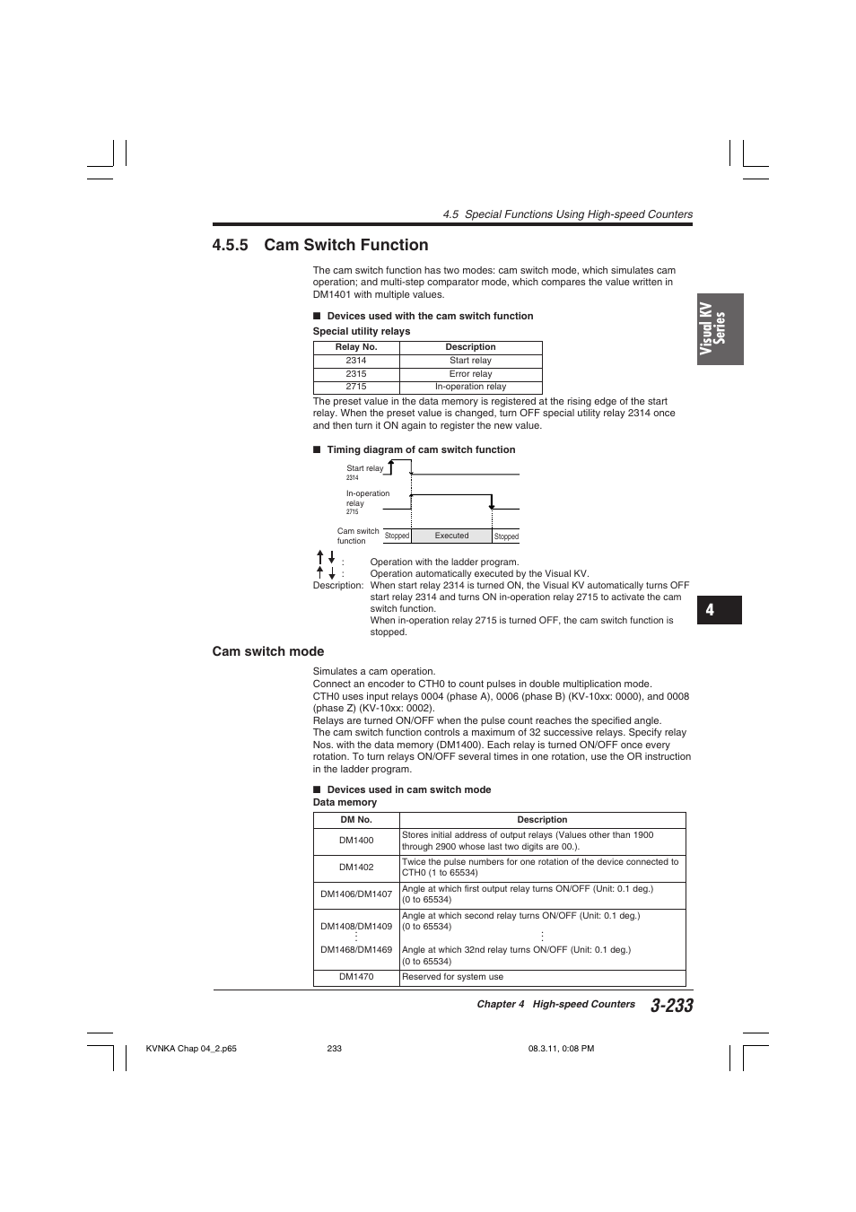 5 cam switch function, Cam switch mode, Visual kv series | KEYENCE Visual KV Series User Manual | Page 257 / 392