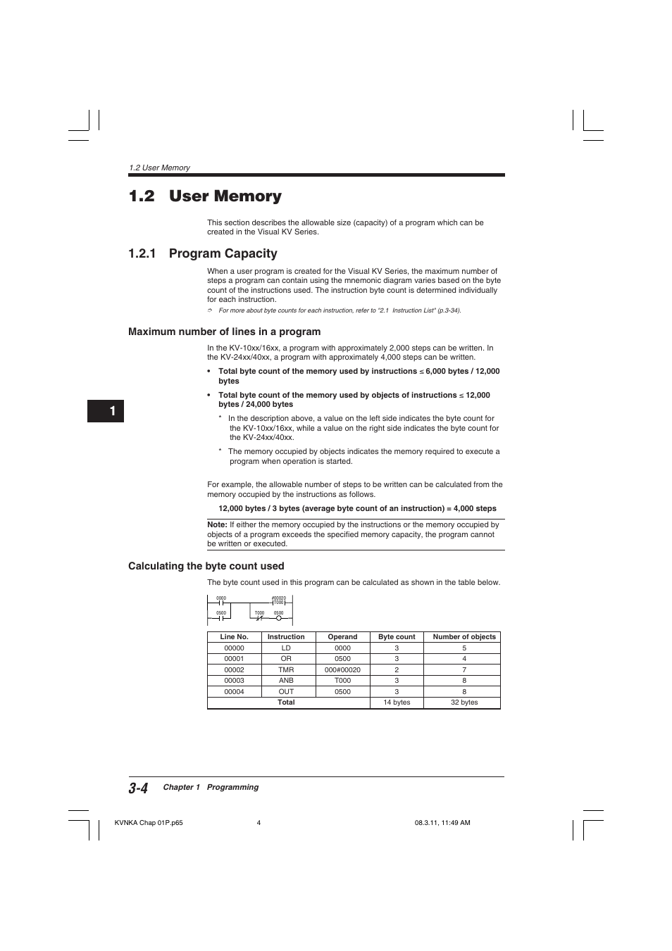 2 user memory, 1 program capacity, Maximum number of lines in a program | Calculating the byte count used | KEYENCE Visual KV Series User Manual | Page 28 / 392