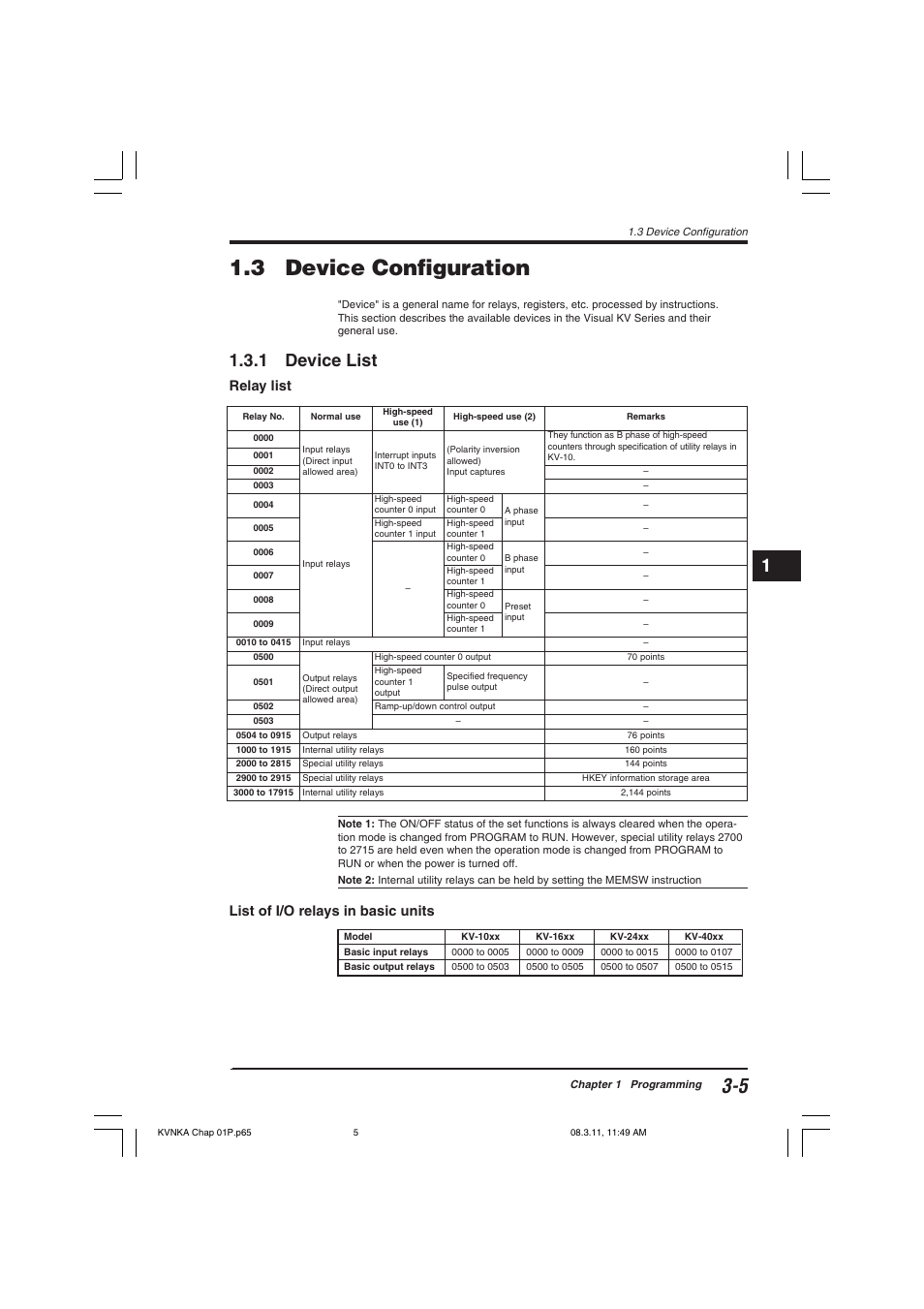 3 device configuration, 1 device list, Relay list | List of i/o relays in basic units | KEYENCE Visual KV Series User Manual | Page 29 / 392