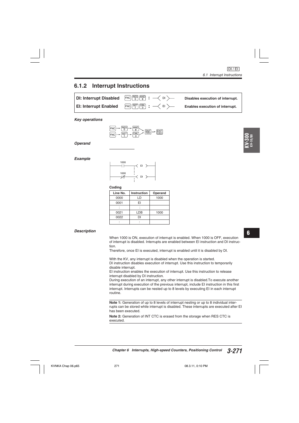 2 interrupt instructions, Di: interrupt disabled ei: interrupt enabled, Kv -300 | KEYENCE Visual KV Series User Manual | Page 295 / 392