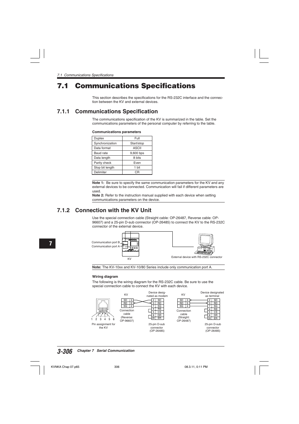 1 communications specifications, 1 communications specification, 2 connection with the kv unit | KEYENCE Visual KV Series User Manual | Page 330 / 392