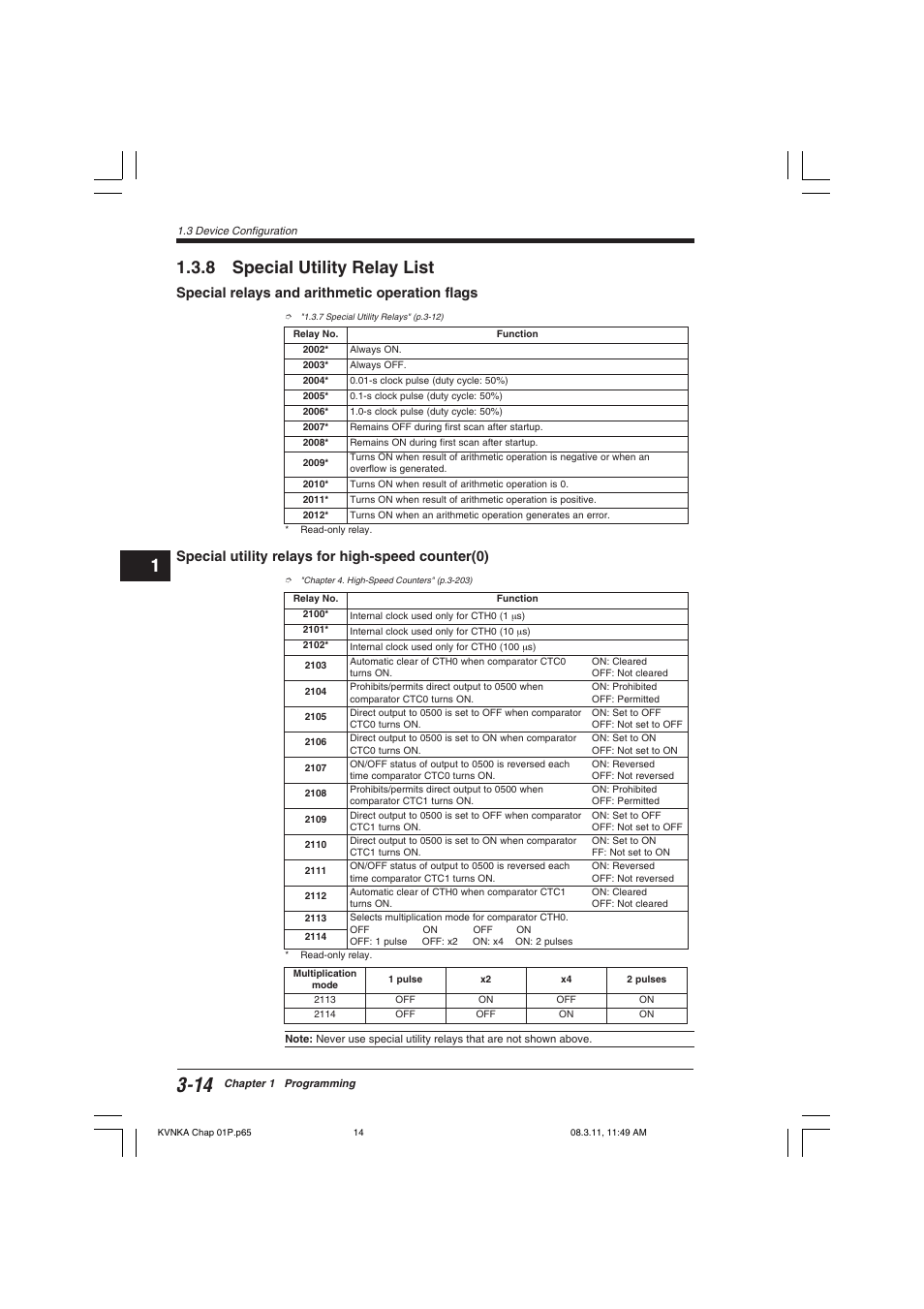 8 special utility relay list, Special relays and arithmetic operation flags, Special utility relays for high-speed counter(0) | KEYENCE Visual KV Series User Manual | Page 38 / 392