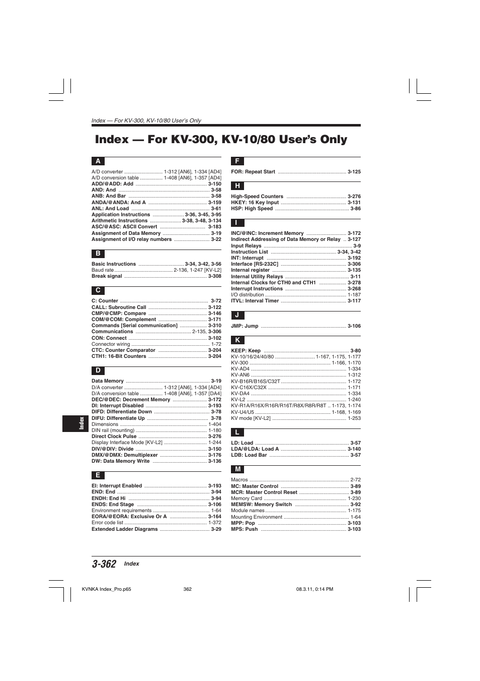 Index — for kv-300, kv-10/80 user’s only | KEYENCE Visual KV Series User Manual | Page 386 / 392