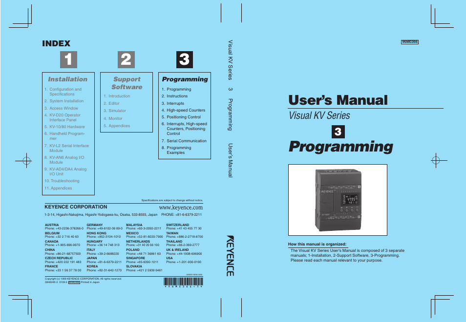 Programming, User’s manual, Visual kv series | Index, Support software, Installation | KEYENCE Visual KV Series User Manual | Page 392 / 392