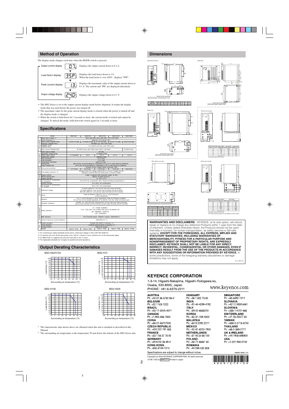 Method of operation, Specificatons, Output derating characteristics | Dimensions, 2method of operation, Warranties and disclaimers | KEYENCE MS2 Series User Manual | Page 2 / 2
