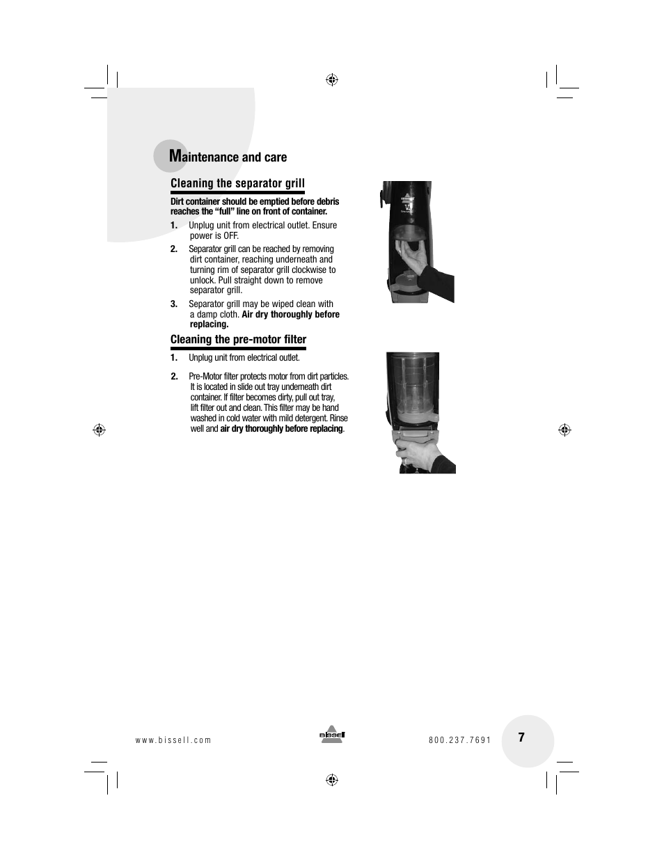 Aintenance and care 7 | Bissell V. (VERSUSTM ) 76T8 User Manual | Page 7 / 12
