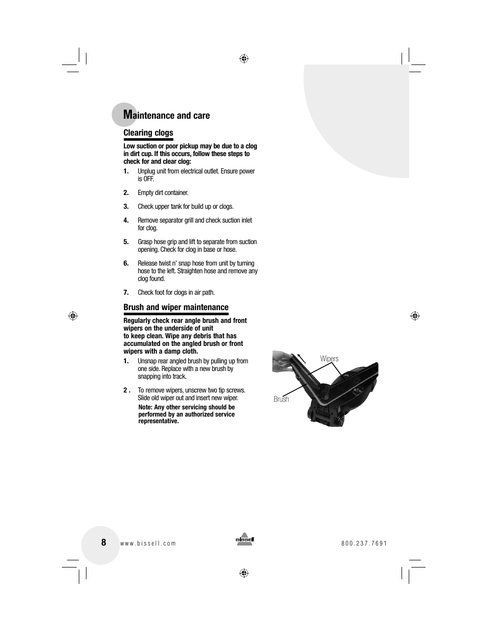 Aintenance and care | Bissell V. (VERSUSTM ) 76T8 User Manual | Page 8 / 12