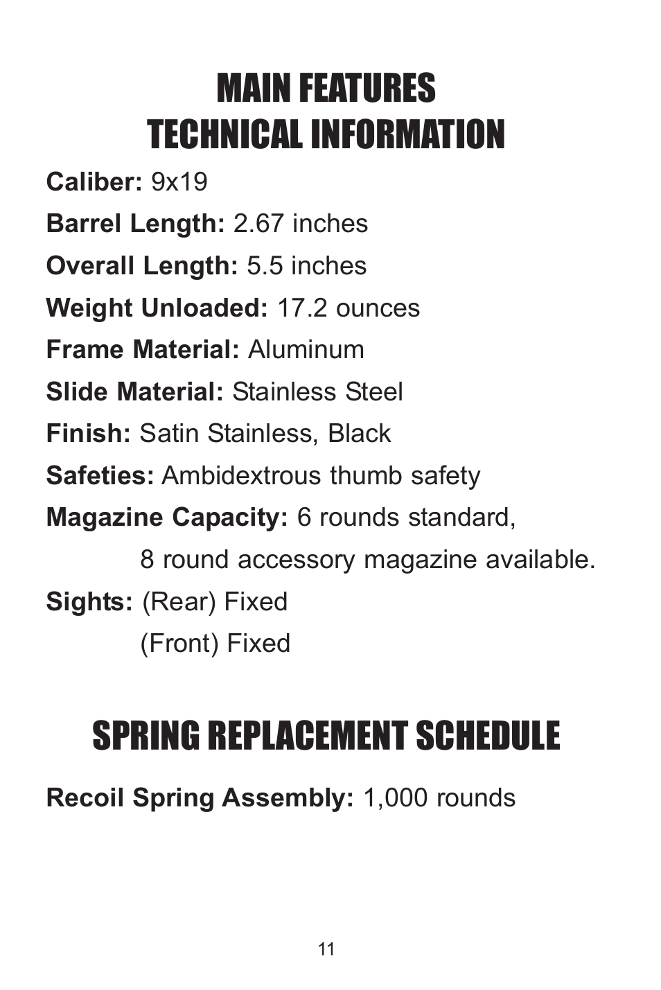 Main features technical information, Spring replacement schedule | Kimber Solo User Manual | Page 11 / 48
