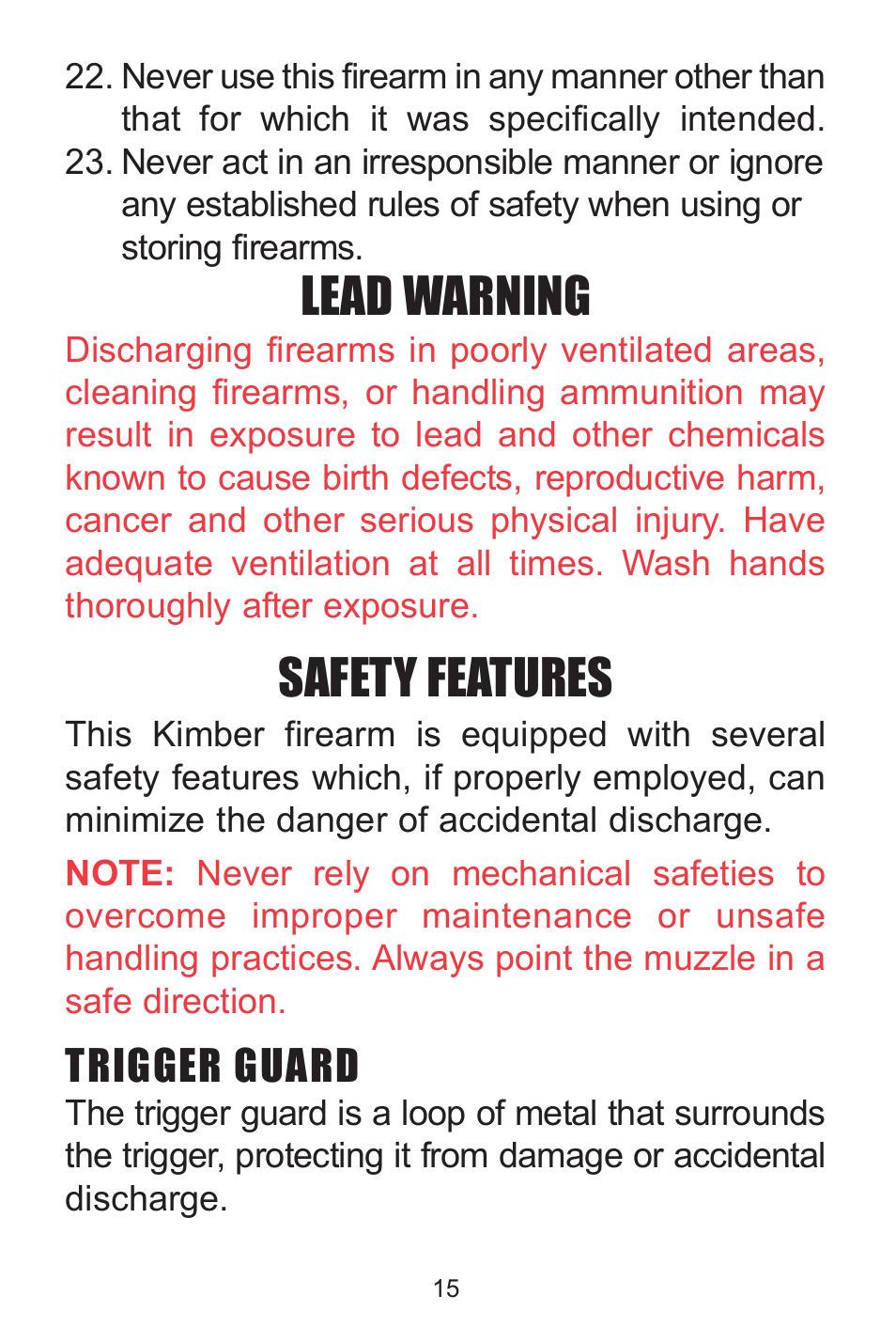 Lead warning, Safety features, Trigger guard | Kimber Solo User Manual | Page 15 / 48