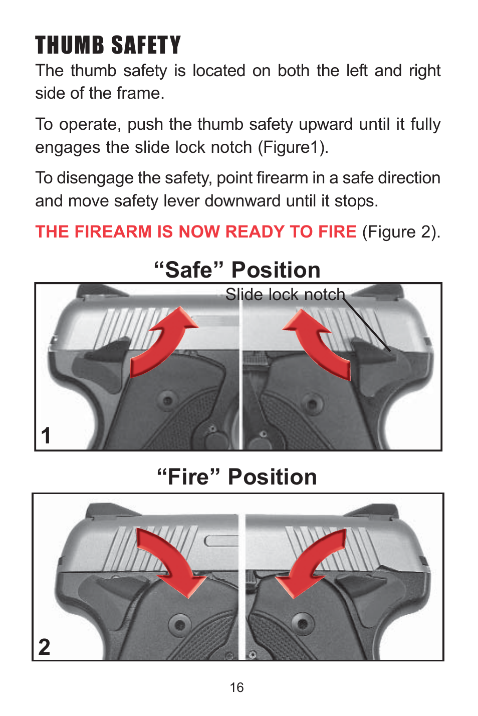 Thumb safety, Safe” position “fire” position 1 2 | Kimber Solo User Manual | Page 16 / 48