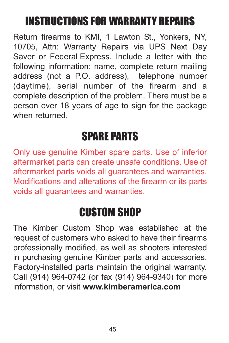 Instructions for warranty repairs, Spare parts, Custom shop | Kimber Solo User Manual | Page 45 / 48