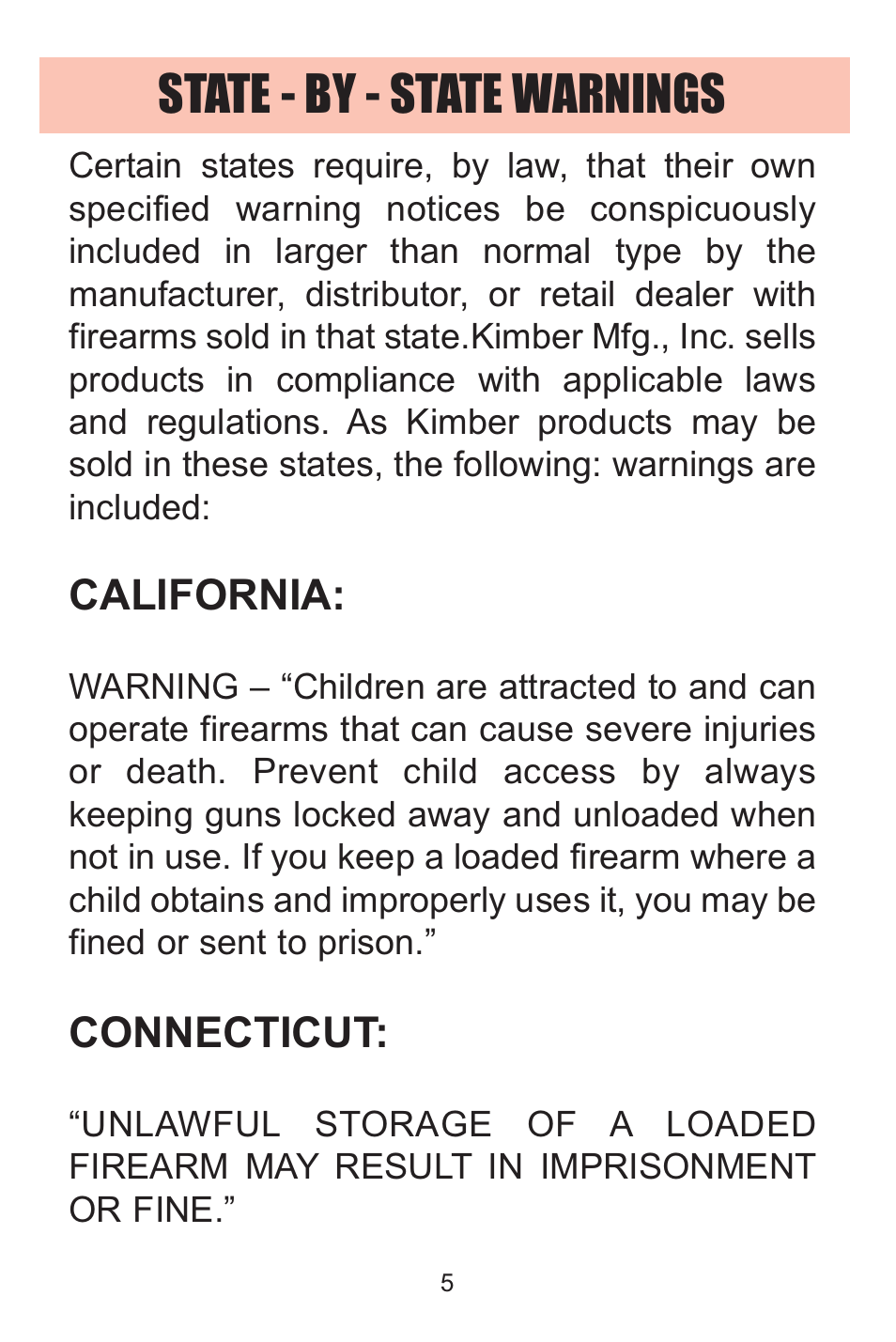 State - by - state warnings, California, Connecticut | Kimber Solo User Manual | Page 5 / 48