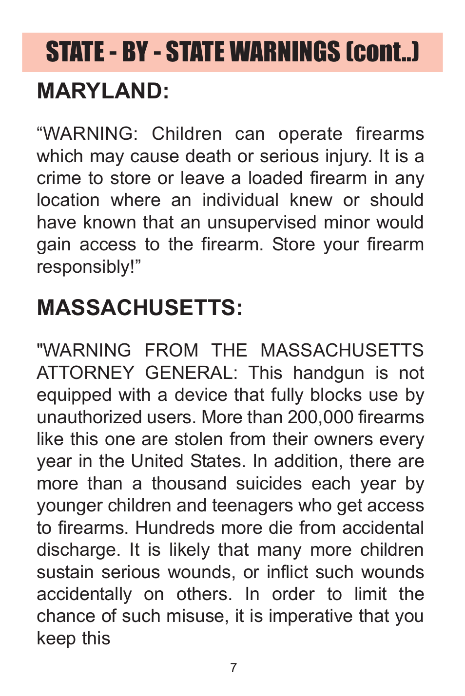 State - by - state warnings (cont..), Maryland, Massachusetts | Kimber Solo User Manual | Page 7 / 48