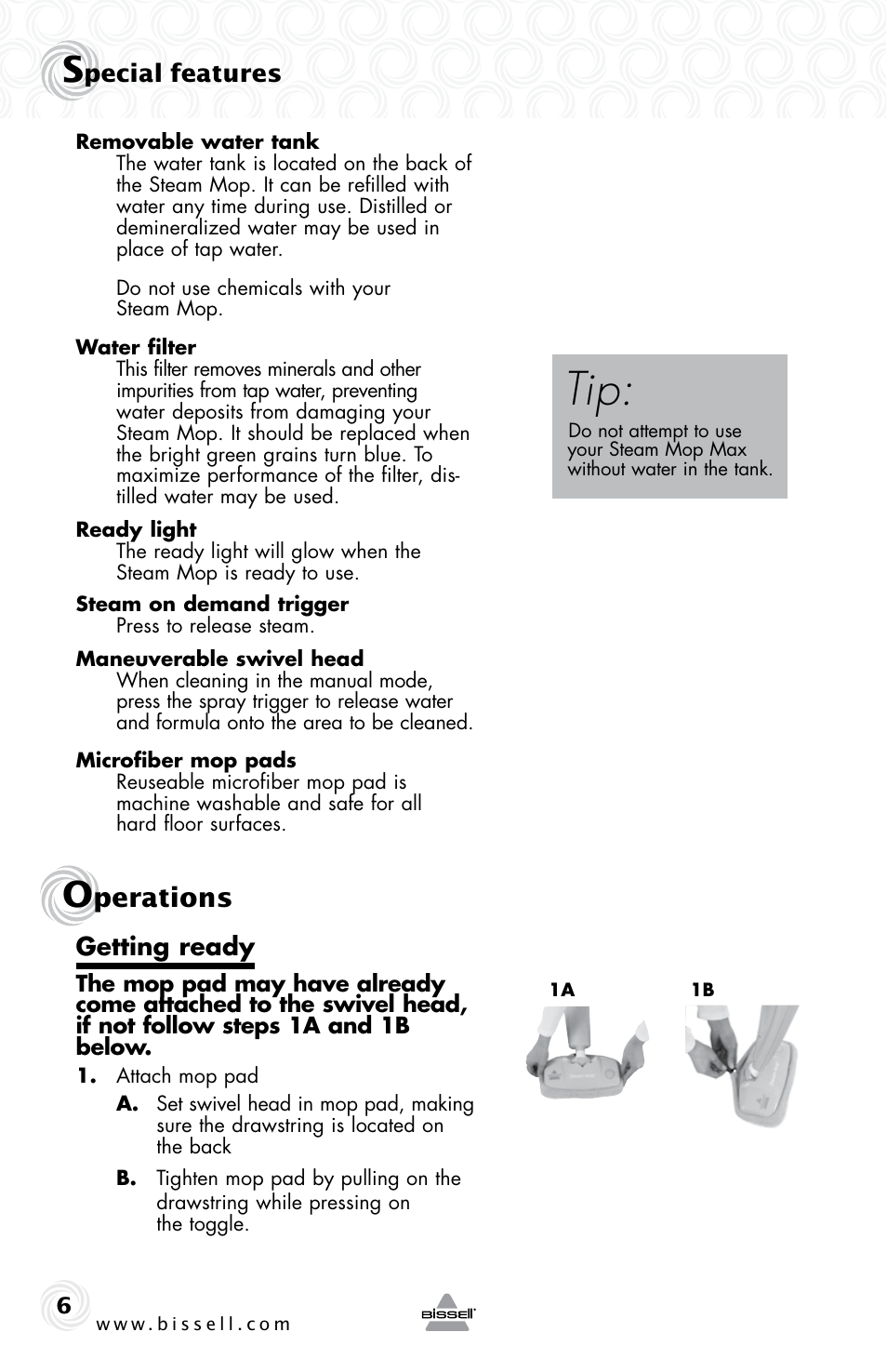Perations, Pecial features, Getting ready | Bissell 90T1 User Manual | Page 6 / 12