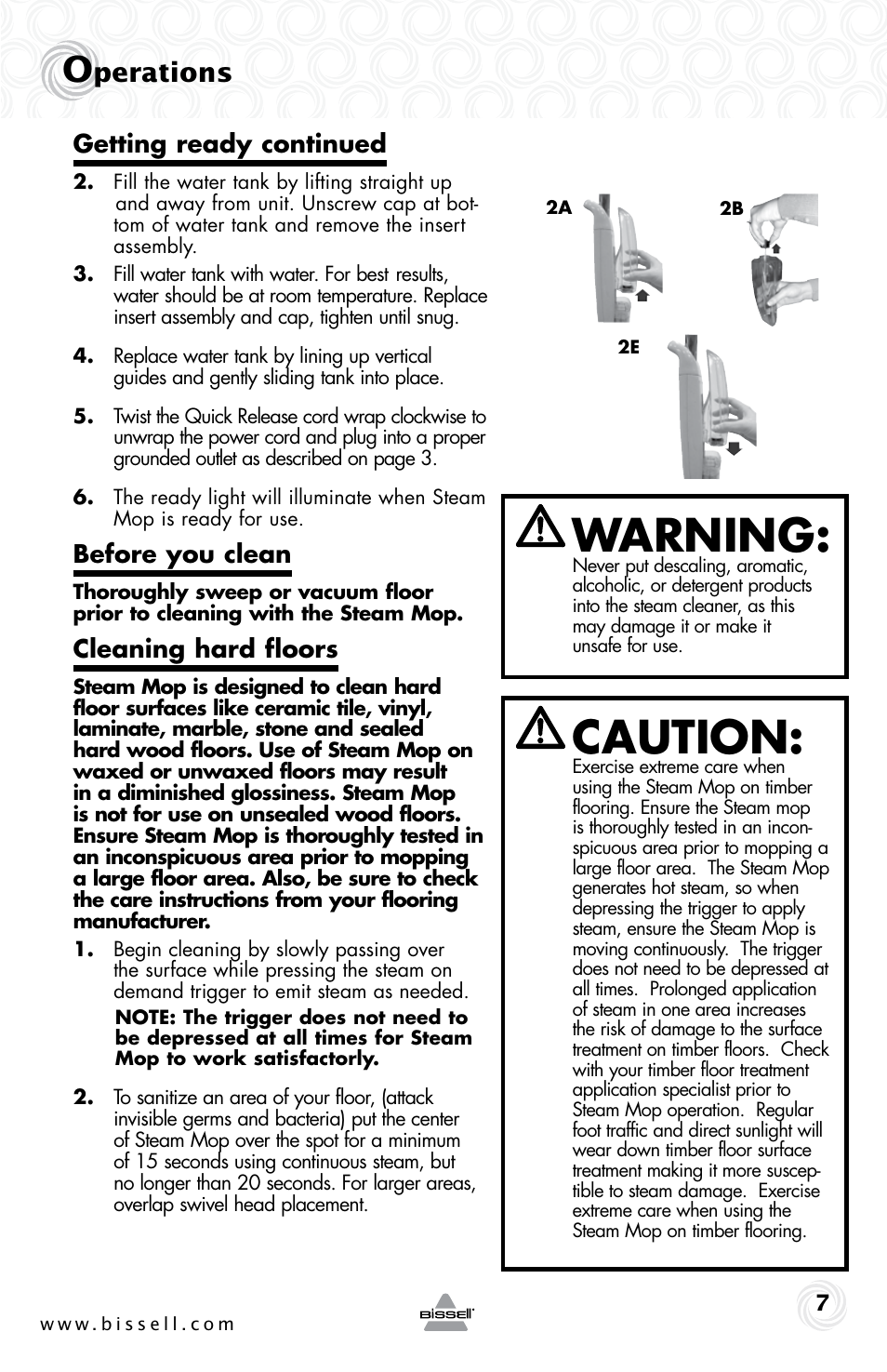 Warning, Caution, Perations | Getting ready continued, Before you clean, Cleaning hard floors | Bissell 90T1 User Manual | Page 7 / 12
