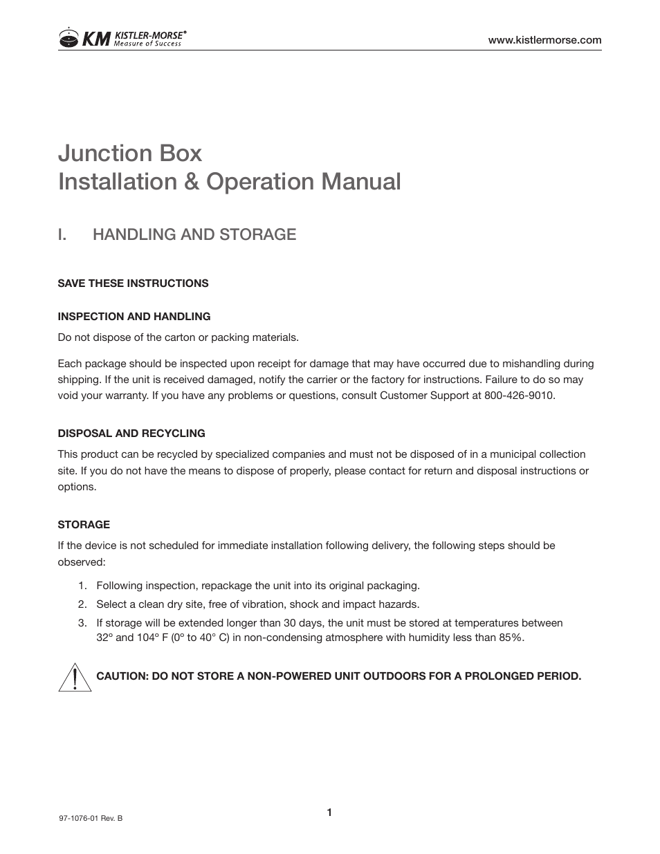 Junction box installation & operation manual, I. handling and storage | Kistler-Morse KM Junction Box User Manual | Page 5 / 16