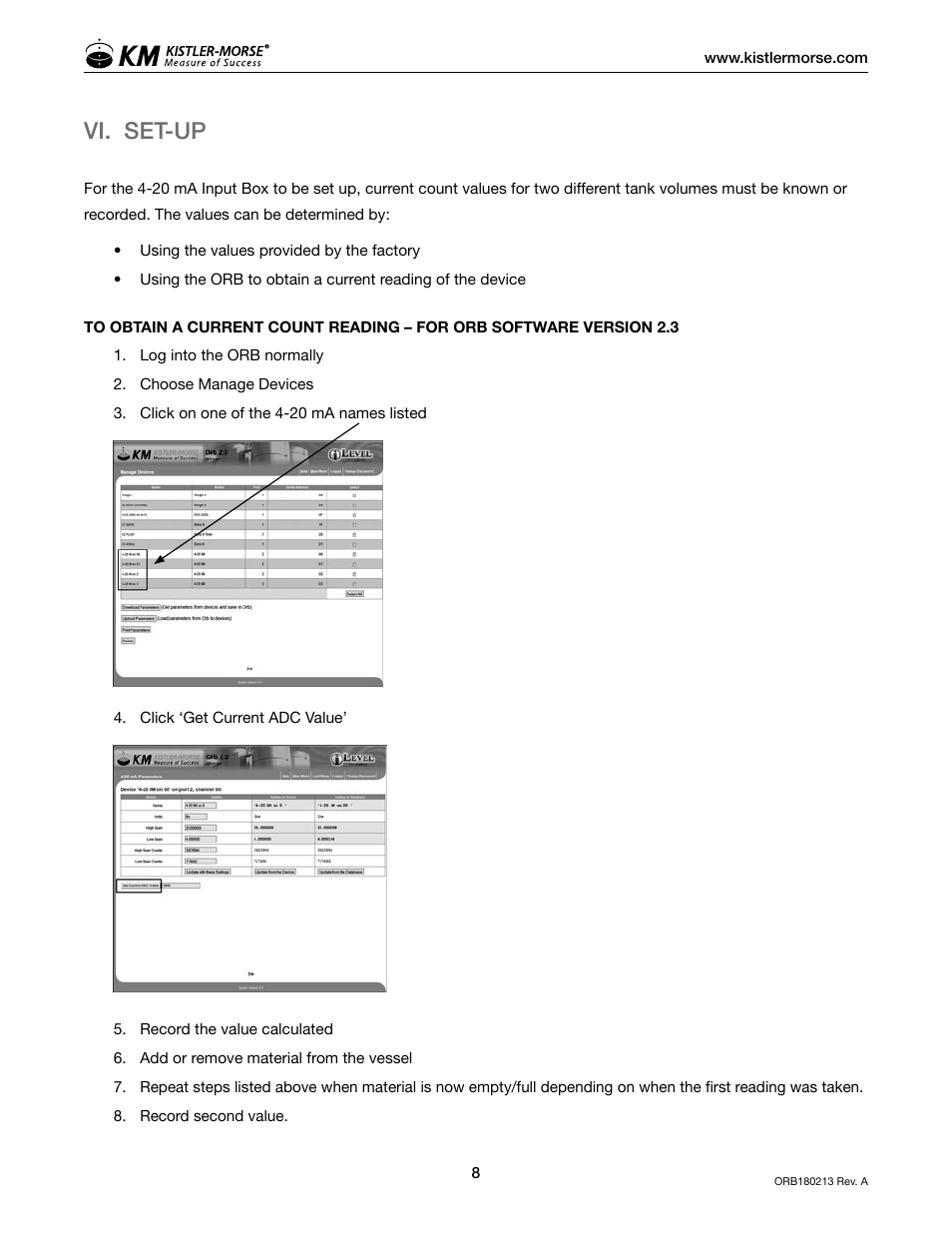 Vi. set-up | Kistler-Morse KM ORB 4-20mA Input Box User Manual | Page 12 / 16