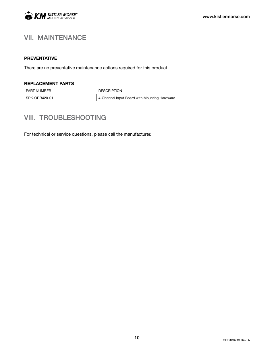 Vii. maintenance, Viii. troubleshooting | Kistler-Morse KM ORB 4-20mA Input Box User Manual | Page 14 / 16