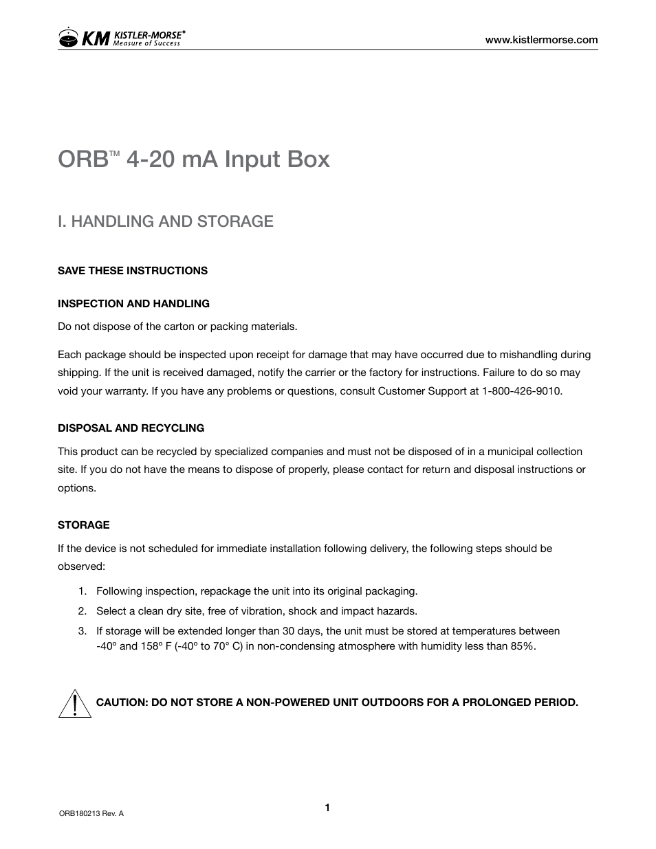 20 ma input box, I. handling and storage | Kistler-Morse KM ORB 4-20mA Input Box User Manual | Page 5 / 16