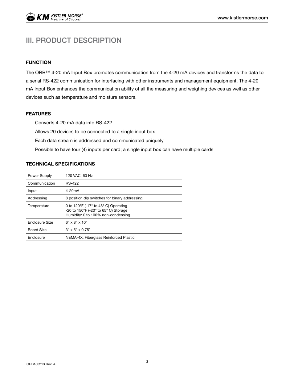 Iii. product description | Kistler-Morse KM ORB 4-20mA Input Box User Manual | Page 7 / 16