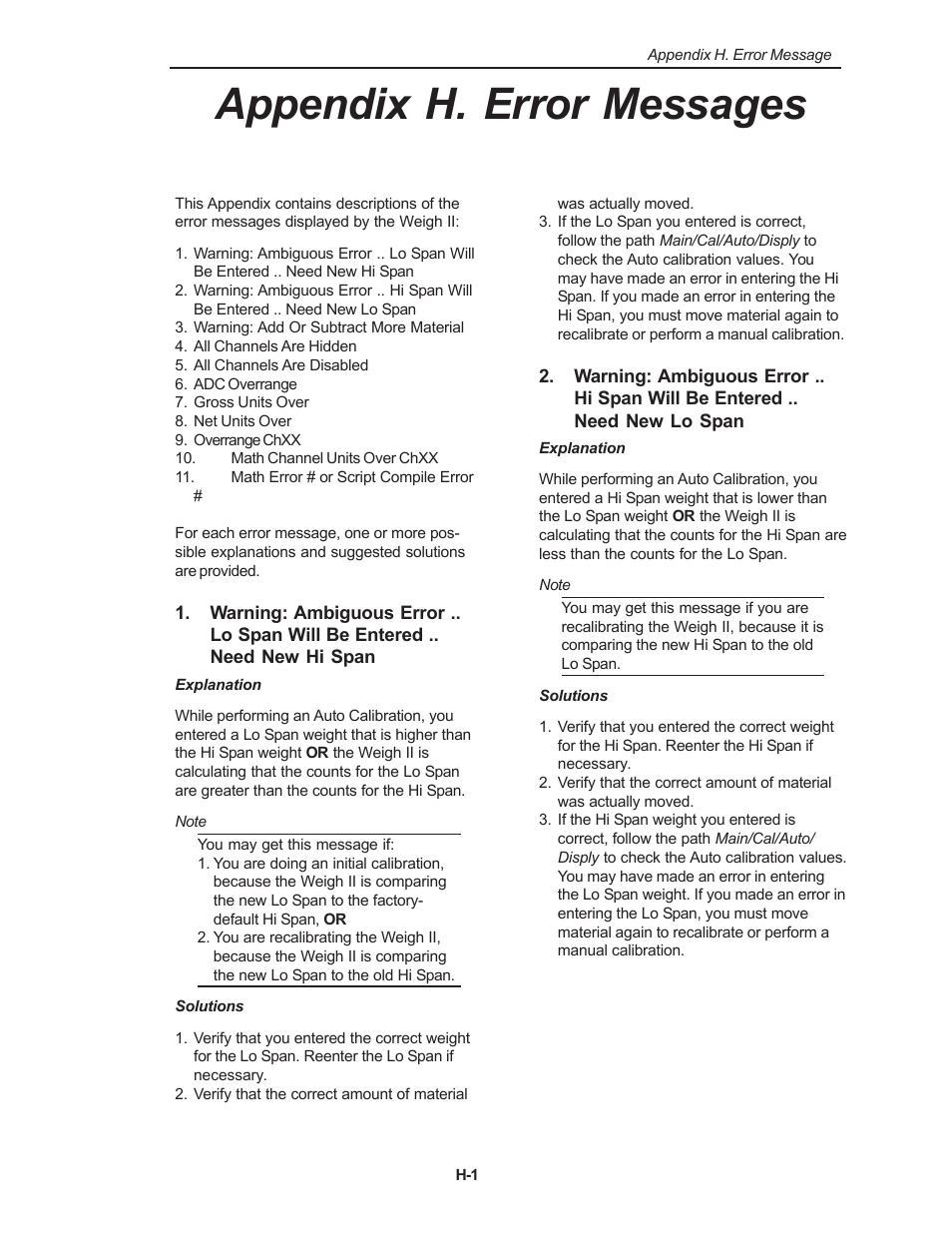 Appendix h. error messages | Kistler-Morse KM Weigh II User Manual | Page 117 / 120