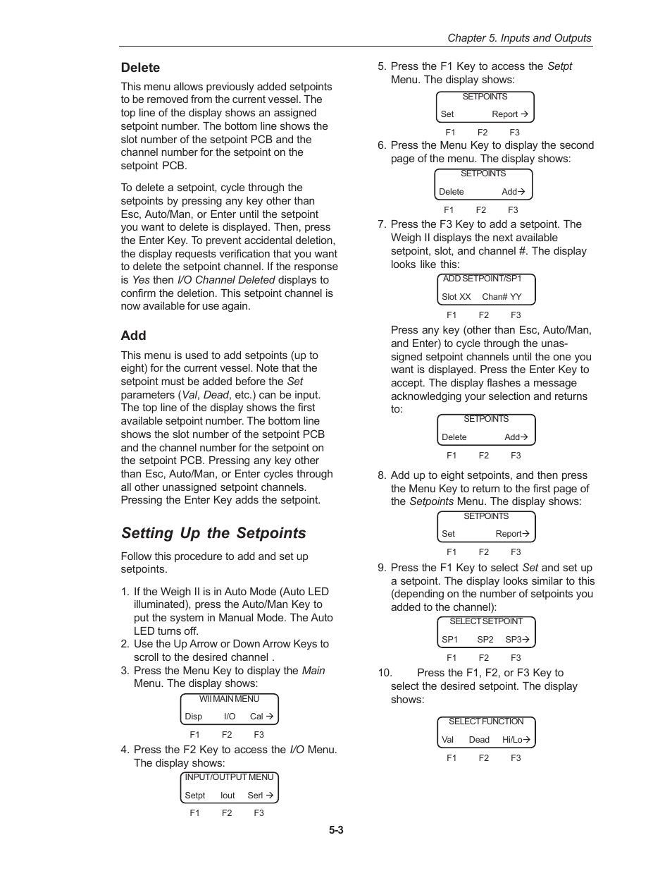 Setting up the setpoints, Delete | Kistler-Morse KM Weigh II User Manual | Page 31 / 120