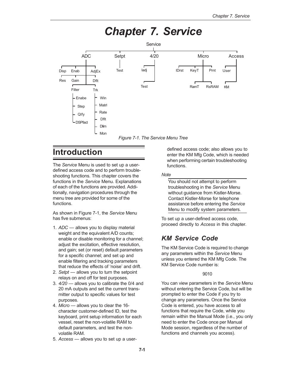 Chapter 7. service, Introduction, Km service code | Kistler-Morse KM Weigh II User Manual | Page 51 / 120