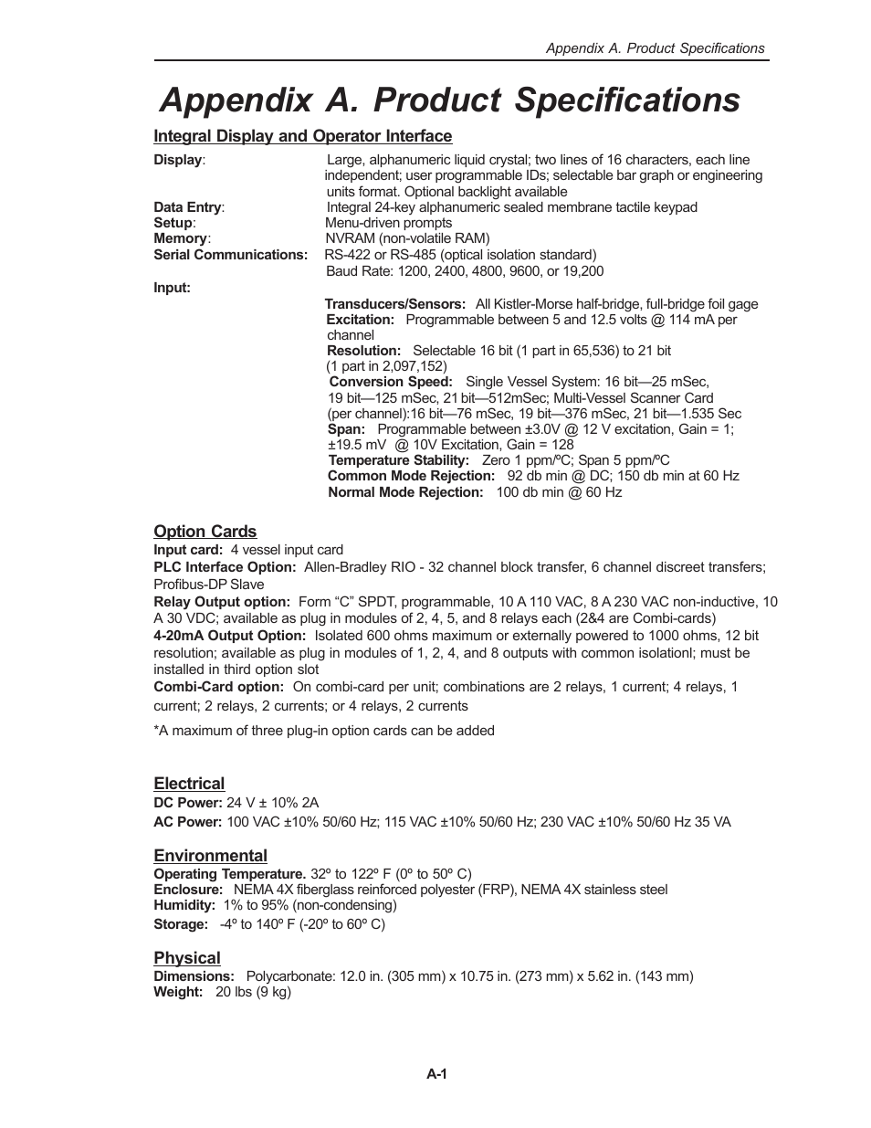 Appendix a. product specifications | Kistler-Morse KM Weigh II User Manual | Page 67 / 120