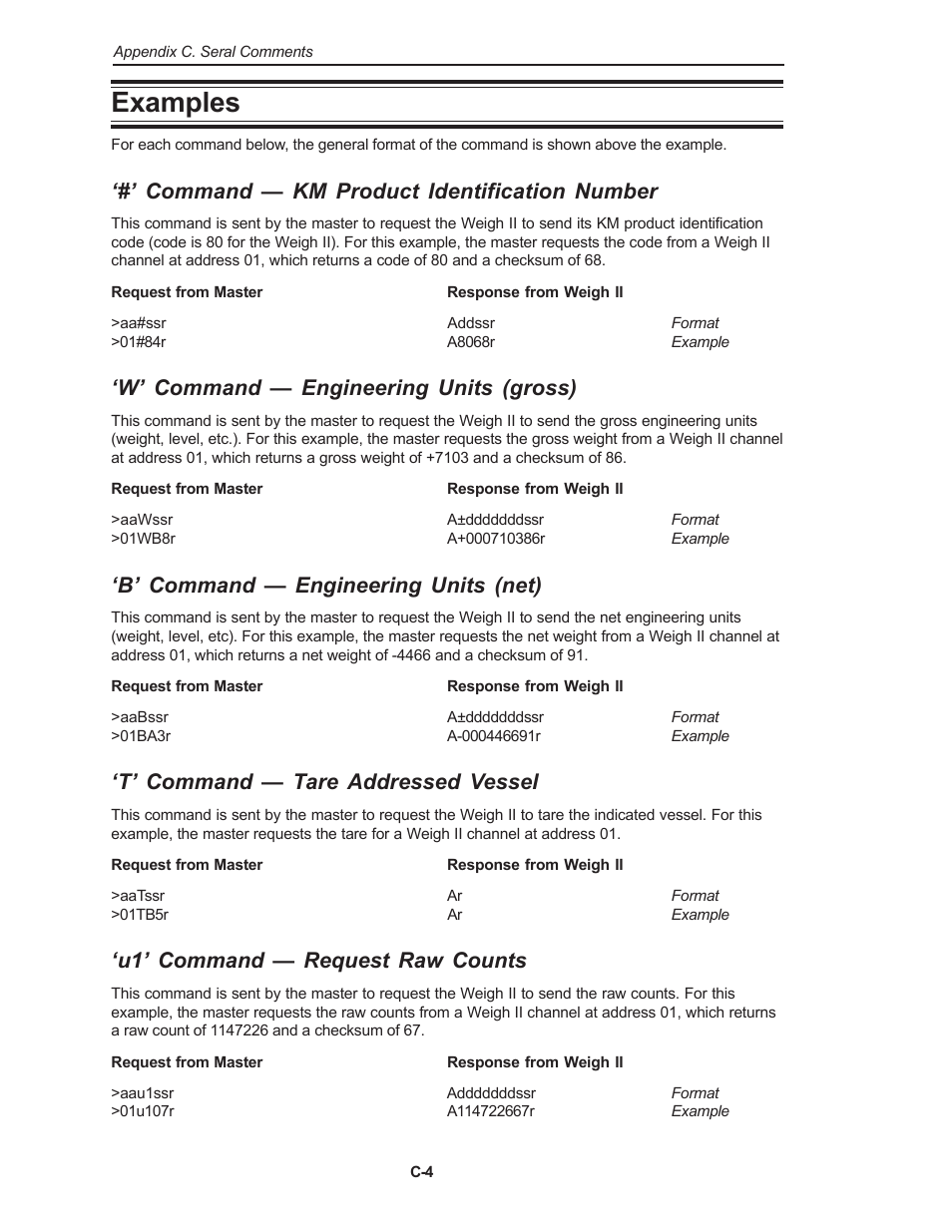 Examples, Command — km product identification number, W’ command — engineering units (gross) | B’ command — engineering units (net), T’ command — tare addressed vessel, U1’ command — request raw counts | Kistler-Morse KM Weigh II User Manual | Page 74 / 120