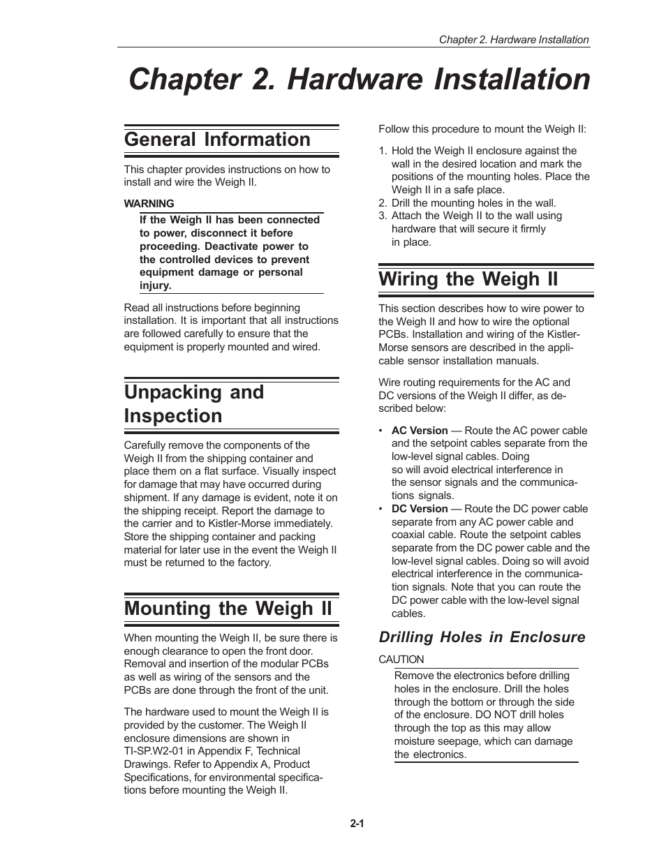 Chapter 2. hardware installation, General information, Unpacking and inspection | Mounting the weigh ii, Wiring the weigh ii | Kistler-Morse KM Weigh II User Manual | Page 9 / 120
