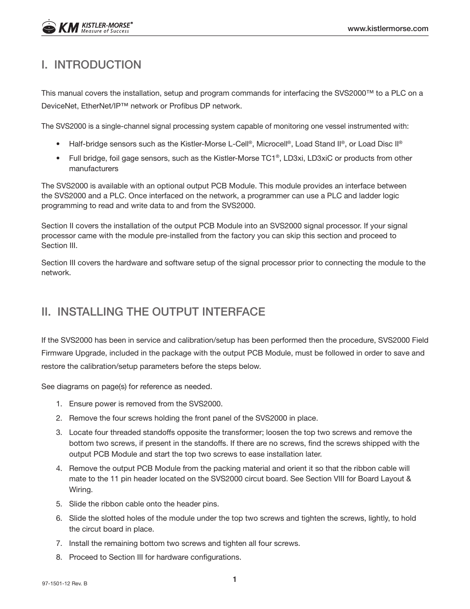 I. introduction, Ii. installing the output interface | Kistler-Morse KM SVS2000 User Manual | Page 5 / 16